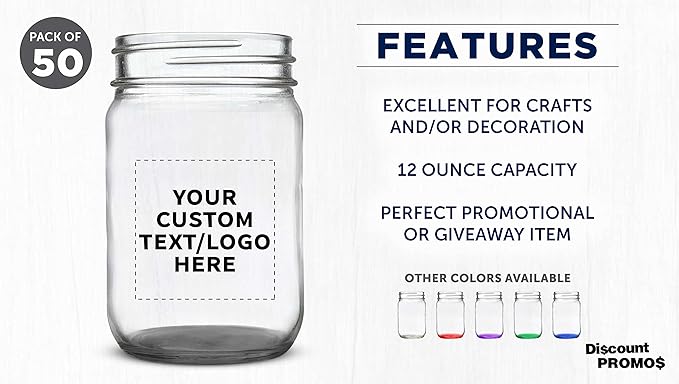 DISCOUNT PROMOS Custom Decorating Mason Jars 12 oz. Set of 50, Personalized Bulk Pack - Glass Jars for Overnight Oats, Candies, Fruits, Pickles, Spices, Beverages - Black