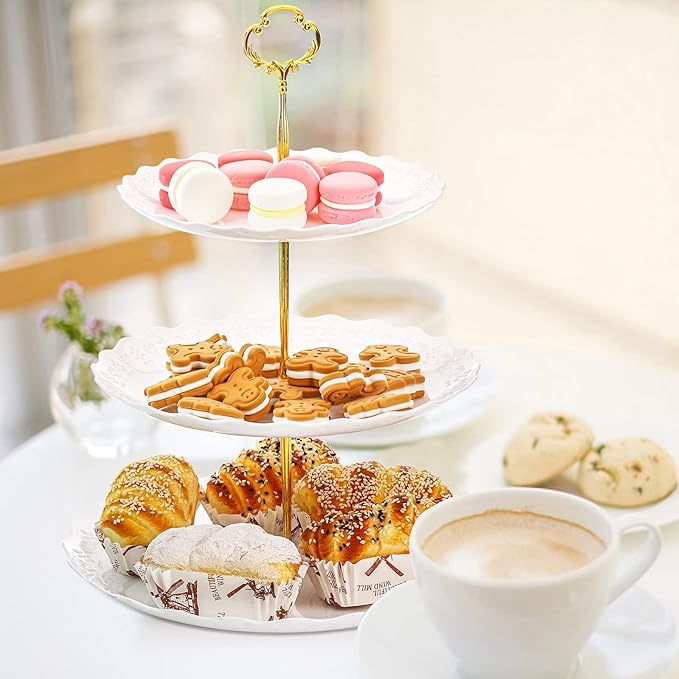Tosnail 3-Pack 3-Tiers White Plastic Cupcake Stand, Dessert Serving Trays, Party Serving Tray Fruit Pastry Holders Catering Tray for Wedding, Party, Gathering - Round with Gold Rod