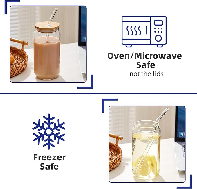 4pcs Set-16oz, Glass Cups with Bamboo Lids and Glass Straw - Beer Can Shaped,CuteTumbler Cup,Soda,deal for Cocktail,Iced Coffee Cups,4 Cleaning Brushes