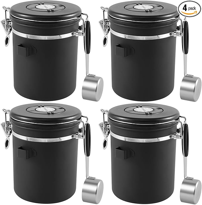 4PCS Coffee Storage Canister 1.5L Double Airtight Coffee Beans Container with Date Locator 304 Stainless Steel Kitchen Food Storage Container with Spoon for Tea Sugar,Black