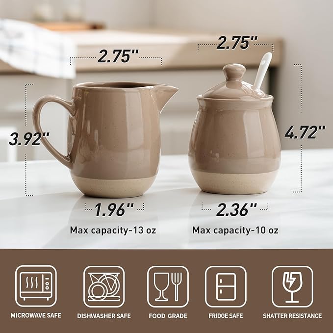 famiware Milkyway Ceramic Sugar and Creamer Set, 10oz Sugar Bowl & 13oz Creamer Set – Stoneware Milk Pitcher & Sugar Dispenser for Coffee Bar, Kitchen, Countertop, Coffee Serving Set, Cinnamon Brown