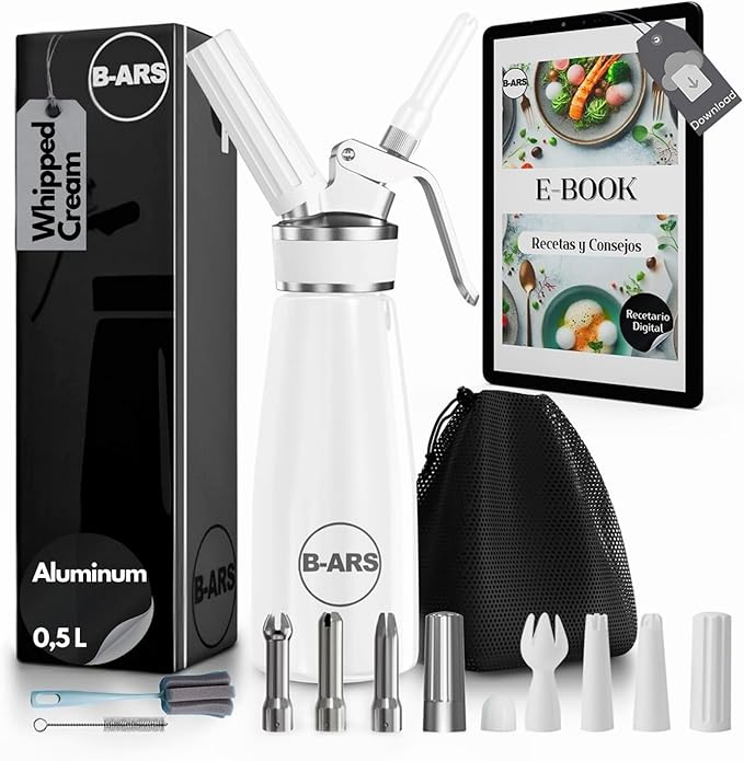 B-ARS Whipped Cream Dispenser-Professional Dispenser-Whip Cream Dispenser -Whipping Siphon-Whipped Cream Maker-Cream Whipper-Aluminum Whipped Cream Dispenser 500 ml. (White)