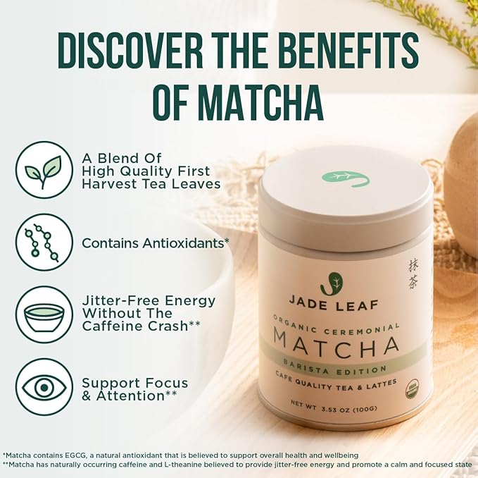 Jade Leaf Matcha Organic Premium Ceremonial Grade Matcha Green Tea Powder - Japanese - Culinary, Ingredient, Ceremonial Barista Teahouse, Latte, Collagen, 3.53 Ounce (Pack of 1), Ceremonial Barista