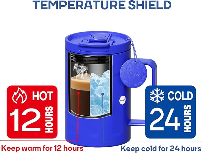 Sidagar+ 18 OZ z Stainless Steel Insulated Coffee Mug with Handle and Lid, Double Wall Vacuum Travel Mug, Tumbler Cup with Sliding Lid, Resuable Insulated Coffee Tumbler, Blue