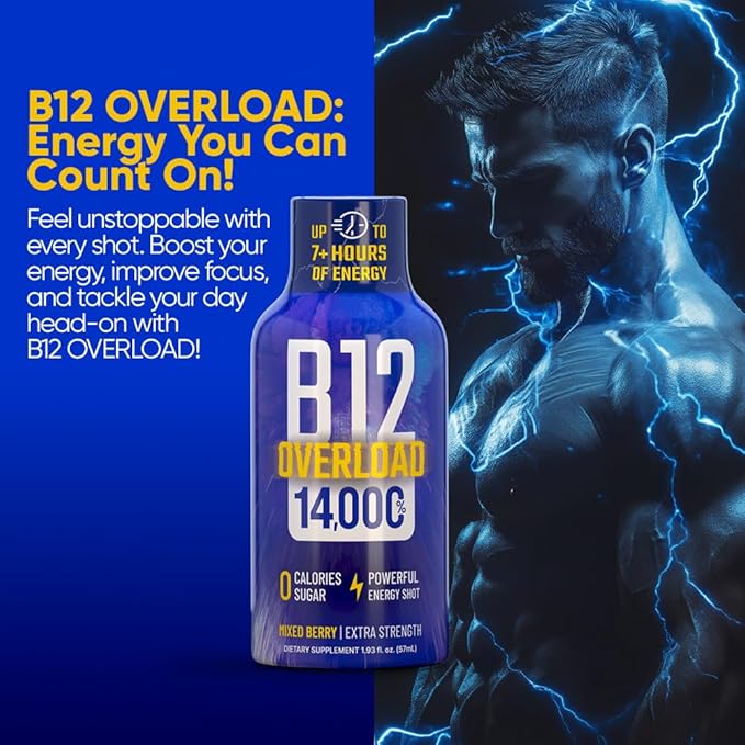 B12 Overload Extra Strength Energy Shot – Mixed Berry – 260mg Caffeine, 14000% B12, Electrolytes – Energy & Vitality Support – Zero Sugar No Calories – Vegan, Kosher, Gluten-Free – 1.93 fl oz, 48-Pack