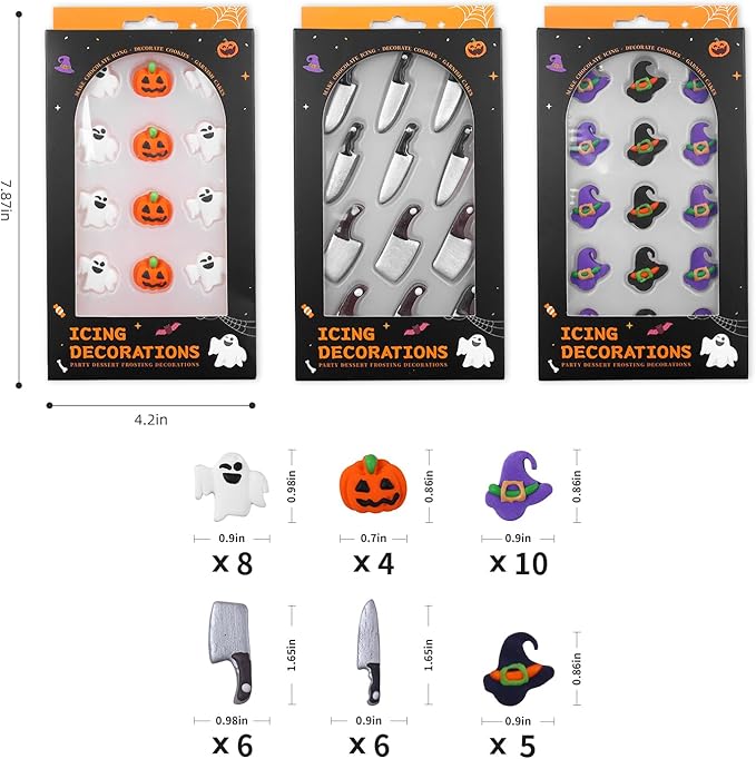 Edible Halloween Cake Decorations, Pumpkin Cupcake Toppers, Ghost Cake Decorations, Edible Knives Cupcake Toppers, Witch Hats for Cake Decorating, Cookies, Cupcakes, Macaron, and Ice Cream