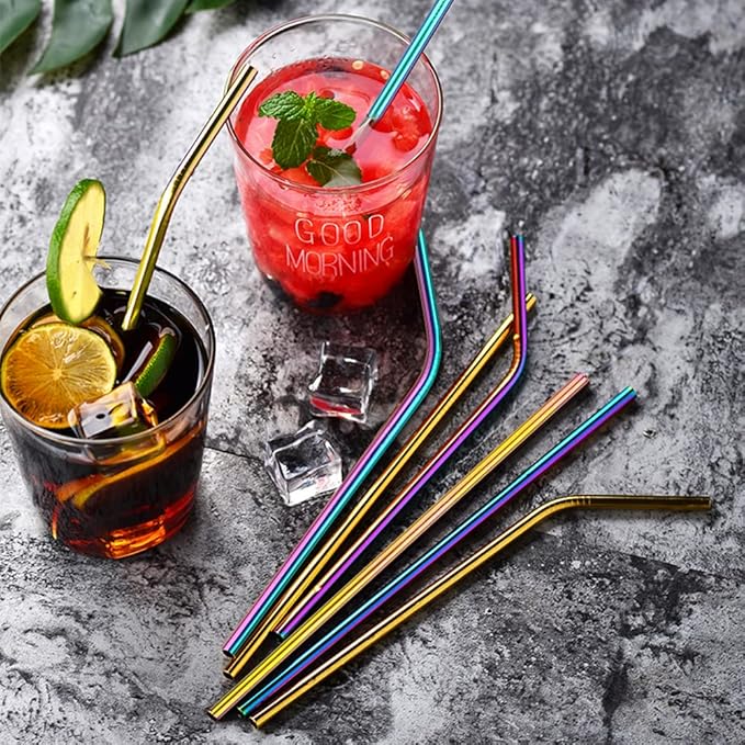 [30 PCS] Value Pack Metallic Reusable Stainless Steel Straws Combinations, Tomorotec Home Metal Straw Sets with Cleaning Brushes, 15 Straight 15 Bent For Tumblers Beverage Drinks Cocktail (Colorful)