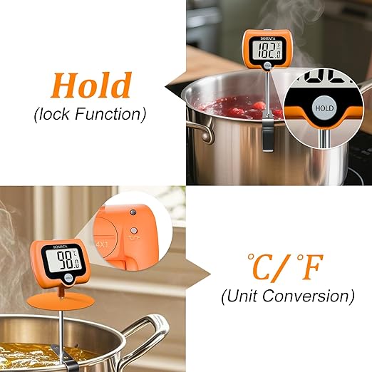BOMATA Candy Thermometer with Pot Clip, Instant Read Cooking Thermometer with 8" Long Probe, Rotating Display, for Candy Making, Food, Candle Making, Liquids, Water, Baking, Sugar, Grilling. Orange