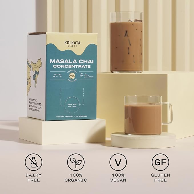 Kolkata Chai - Sugar Free Masala Chai Concentrate for Chai Tea Latte, 64oz Microbrewed Premium Organic Black Tea and Spices, Unsweetened/Zero sugar, Vegan, All Natural, Makes 16 servings