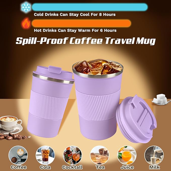 Vacuum-Insulated Stainless Steel Travel Coffee Mug, Leak-Proof Reusable Coffee Cup with Lid - Keep Hot & Cold Drinks for Hours, Durable Thermos Tumbler for Men & Women (3rd-Purple, 17OZ)