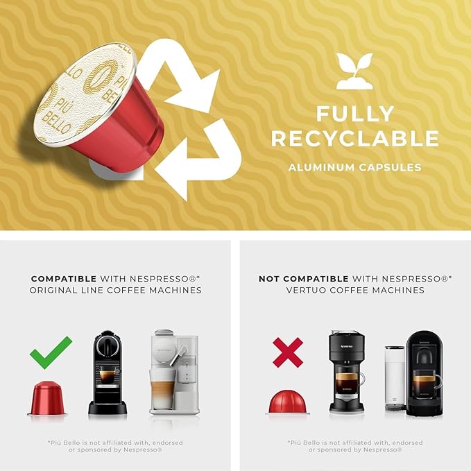 Piu Bello Espresso Coffee Pods – Variety Pack for Nespresso Original Machines – Light Roast, Dark Roast, Chocolate, Nutty, Caramel – Kosher, Rich & Balanced (120 Count, 6 Flavors)