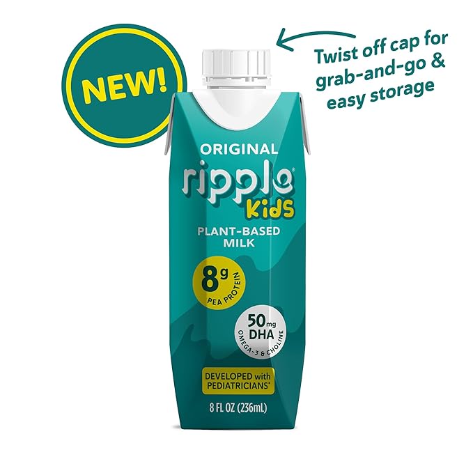 Ripple Kids Original Plant Based Milk | Pediatrician Recommended | 8g Pea Protein | Shelf Stable | Vegan & Non GMO Certififed | Dairy, Soy, Nut, Gluten, and Lactose Free | 8 Fl Oz (Pack of 12)