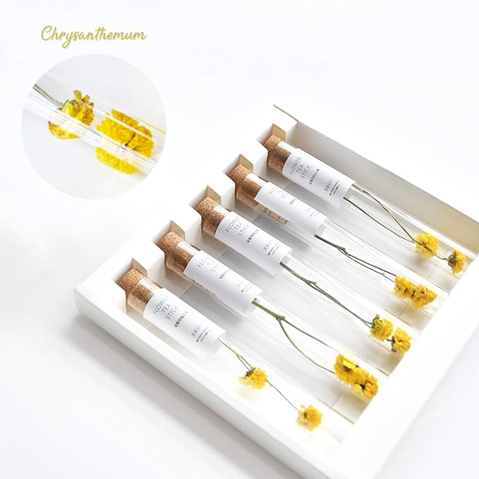 KKOKDAM Tea Gift Set - Chrysanthemum Blooming Tea Flowers - Fancy Korean Gifts For Teas Lovers - 5 Premium Flower Sticks