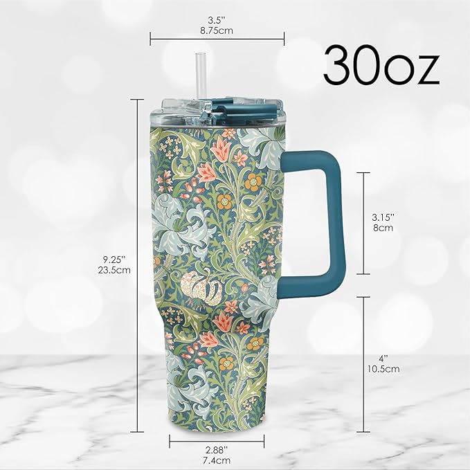 RainCaper 18/8 Stainless Steel Insulated Water Tumbler with Straw | 30oz, BPA-Free, Double Wall for Hot & Cold | Travel-Friendly, Cup Holder Ready (William Morris Morris Golden Lily)