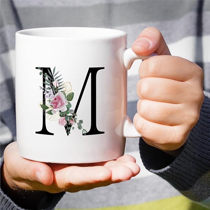 Retreez Initial A-Z Floral Botanical Bouquet Alphabet Monogrammed Monogram Mug 11 Oz Ceramic Tea Coffee Mugs - Appreciation Thank You Wedding Birthday Gifts for her friend coworker sister - M Initial