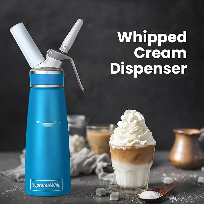 PRO Cream Dispenser, Durable High-Grip, Metal Lid with Rubber, 3 Nozzles, for Hot/Cold Use, Cleaning Brush Included, Blue - 500 ml / 1 Pint