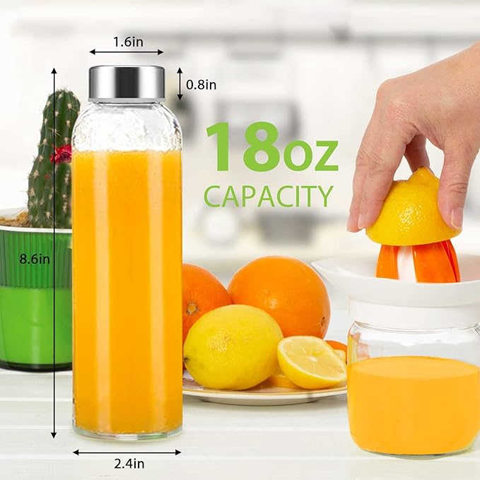 Clear Glass Bottles with Lids 18 oz, Reusable Glass Water Bottles with Stainless Steel Cap for Juicing,Refrigerator,100% Leak Proof, BPA Free, Juice Water Bottle Set of 12