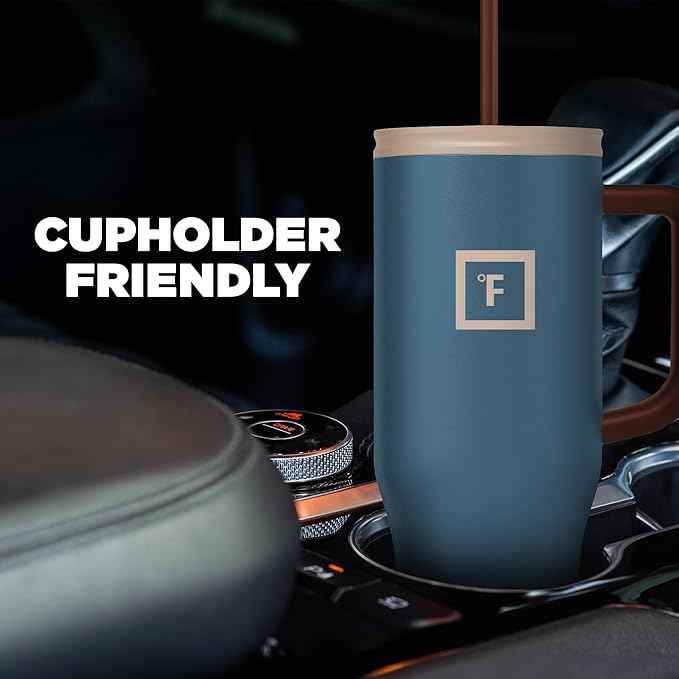 IRON °FLASK Co-Pilot Insulated Mug w/Boot, Straw & Flip Cap Lids - Cup Holder Bottle for Hot, Cold Drink - Leak-Proof - Water, Coffee Portable Travel Mug - Cream & Berries, 40 Oz