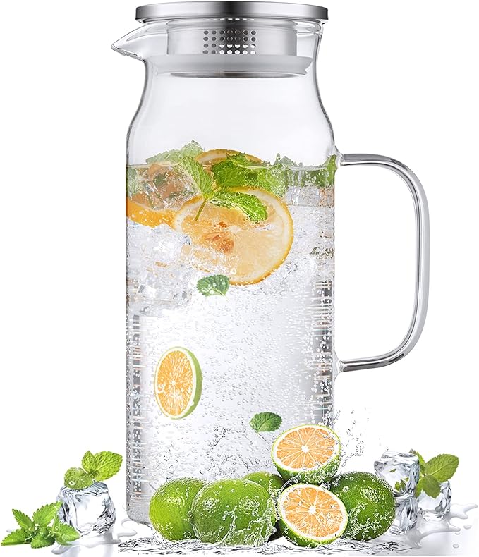 2 Liter 68 oz Glass Pitcher with Lid and Spout, Bivvclaz Glass Carafe for Hot/Cold Water, Large Iced Tea Pitcher for Coffee, Juice and Homemade Beverage