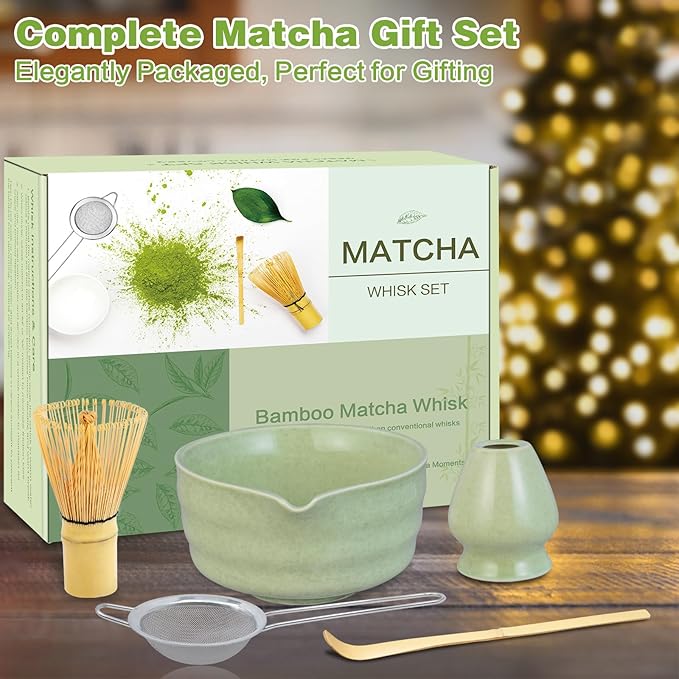 Matcha Whisk Set, Ceramic Matcha Bowl with Spout, Matcha Whisk, Chasen Holder, Powder Sifter, Bamboo Scoop, Complete Tea Making Kit for Matcha Lovers, Unique Gifts for Women Men Christmas