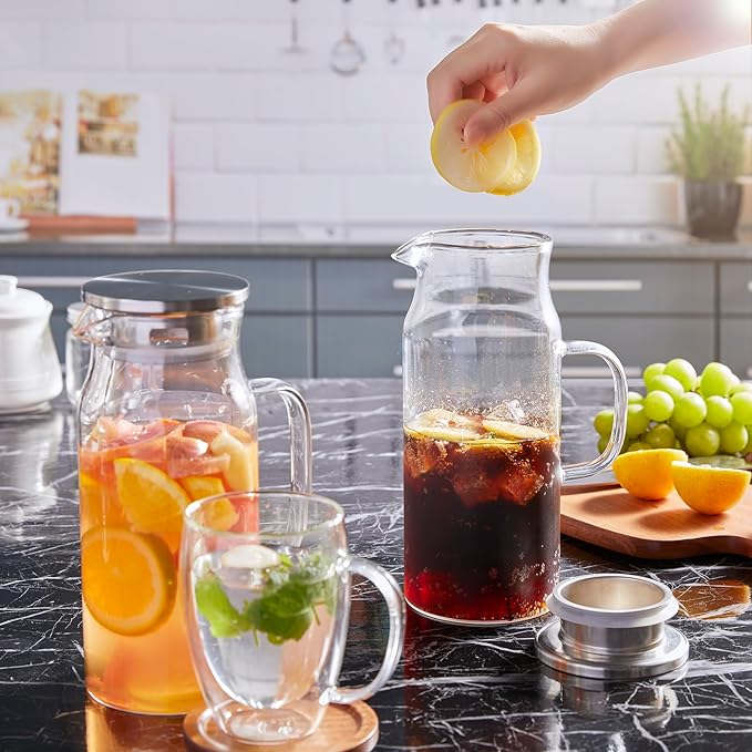 2 Pack 1.2 Liter 40 oz Small Glass Pitcher with Lid and Spout, Glass Carafe Water Pitcher for Hot/Cold Water, Iced Tea, Drinks, Coffee, Juice and Homemade Beverage