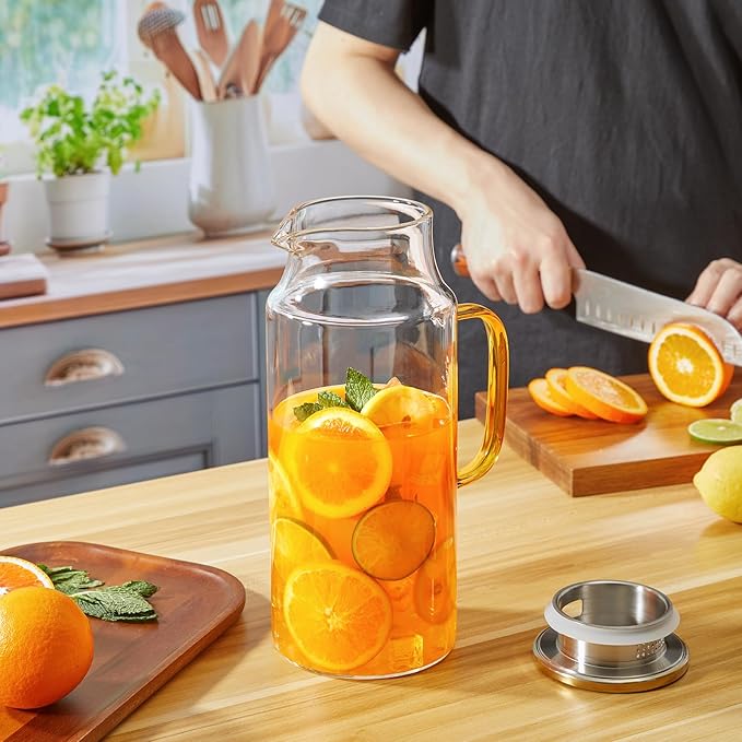 2 Liter 68 oz Glass Pitcher with Lid and Spout, Gold Glass Water Pitcher for Fridge, Glass Carafe for Hot/Cold Water, Large Jug for Iced Tea, Coffee, Juice and Homemade Beverage