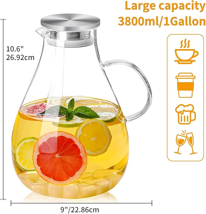 UNBREAKABLE - 1 Gallon Glass Pitcher – 3800ml Heat-Resistant Borosilicate Water Jug with Stainless Steel Lid, Easy to Clean, Handmade Carafe for Hot & Cold Drinks – Modern Style for Home or Office