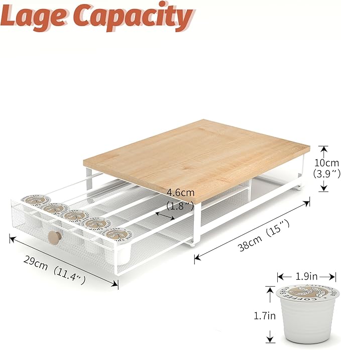 K Cup Organizer, Coffee Pod Holder Drawer, Under Brewer Storage Organizer with Sliding Drawer holds up to 35 K Cup Pods, No Assembly Needed, Natural colour