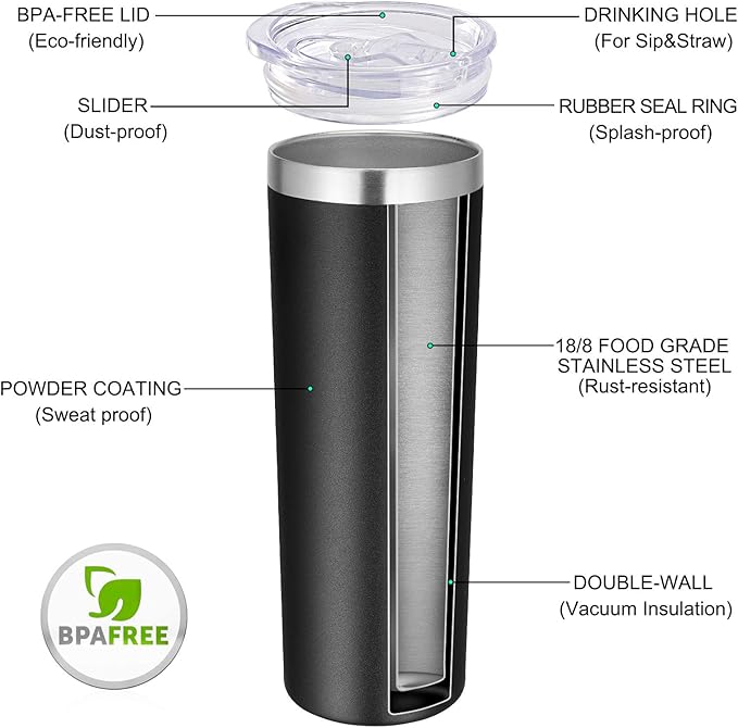 VEGOND Stainless Steel Tumblers Bulk 8 Pack, 20 oz Vacuum Insulated Skinny Tumblers with Lid and Straw, Double Wall Coffee Mug, Travel Water Cup, Black
