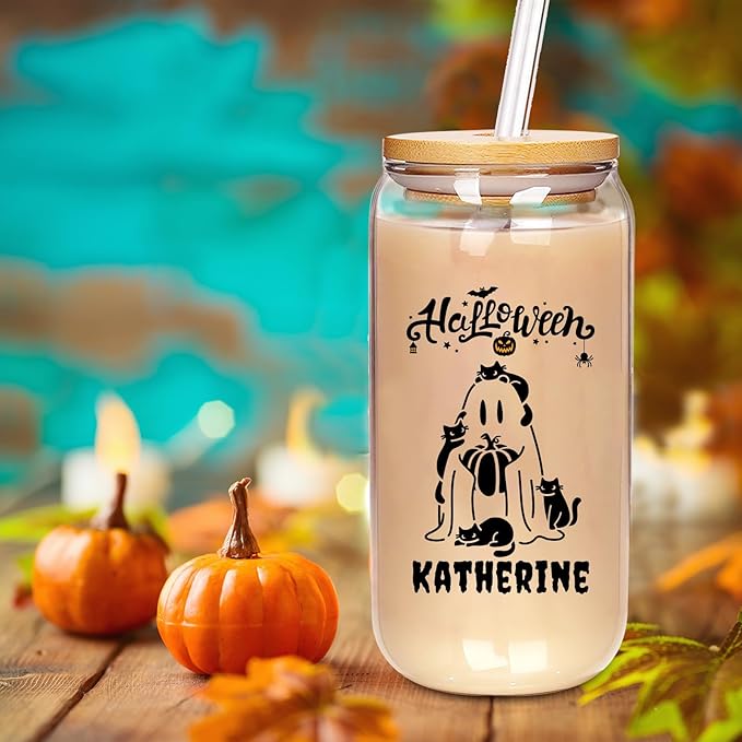 Personalized Halloween Tumbler-Boo Basket Stuffers- Can Shaped Glass with Lids and Straws18OZ -Halloween Gifts for Friend Son Daughter