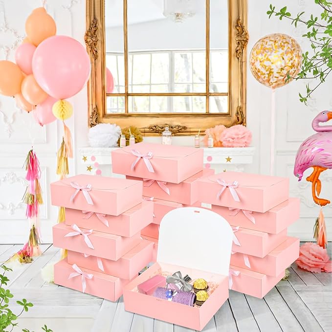 15Pack Gift Boxes with Lids, 10.6x7.8x3.1 Inches Bridesmaid Proposal Box with Ribbon, Pink Gift Boxes for Presents,Kraft Paper Boxes for Wedding Christmas Birthday Baby Shower Party