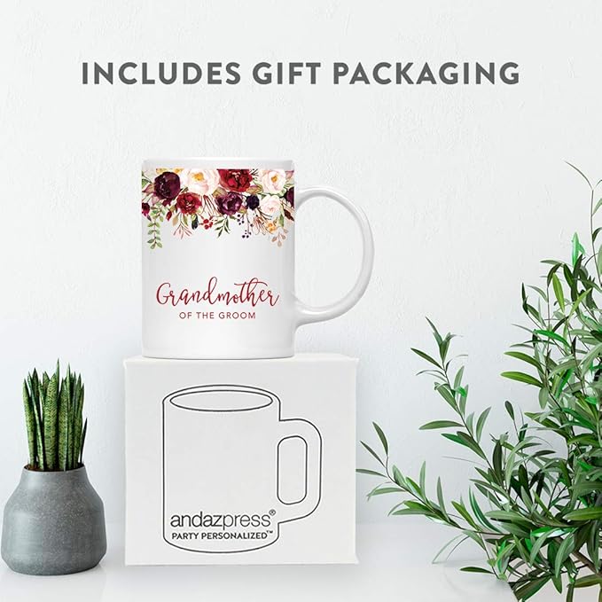 Andaz Press 11oz. Wedding Ceramic Coffee Tea Mug Gift, Fall Autumn Marsala Burgundy Flowers Roses Florals, Grandmother of the Groom, 1-Pack, Includes Gift Box