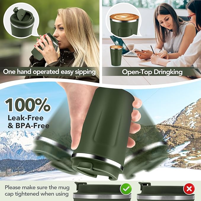 Volhoply 12 oz Double Wall Insulated Vacuum Travel Coffee Mug with Flip Lid Bulk 8 Pack,Reusable Stainless Steel Leak Proof Coffee Cup,Portable Cafe Thermal Tumbler for Hot Drinks(Assort Color,8 Set)