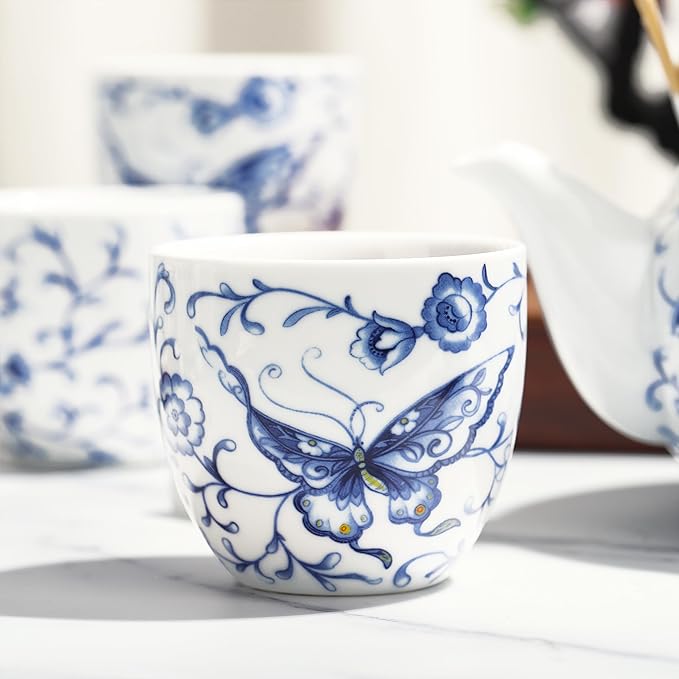 fanquare Chinese Blue and White Porcelain Tea Set with 1 Teapot Set, 6 Tea Cups, Butterfly Pattern Asian Japanese Tea Sets for Adults