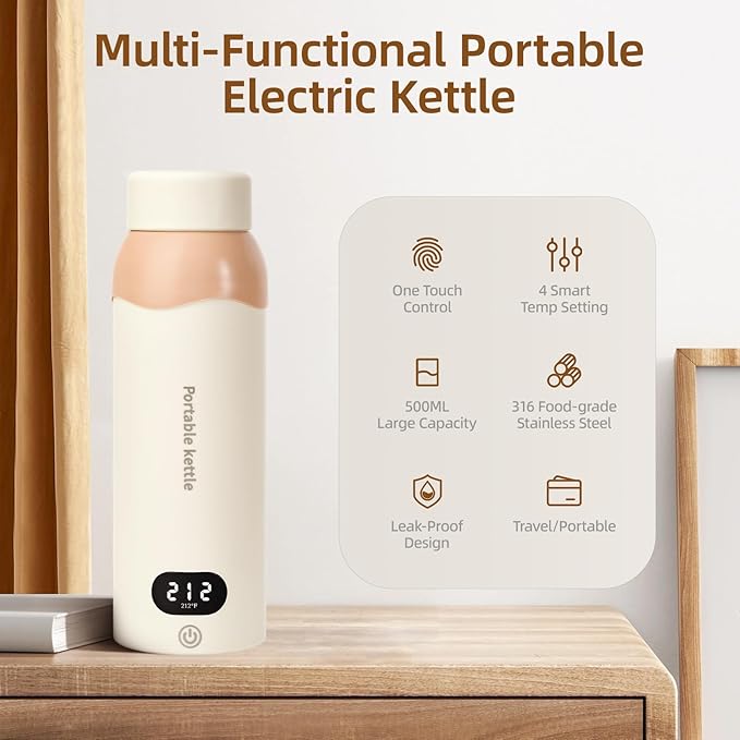 Portable Travel Electric Kettle,Food-Grade 316 Stainless Steel Small Mini Kettle,500ML Hot Water Boiler with 4 Temperature Settings,Fast Boiling water with Auto Shut-Off and Boil Dry Protection