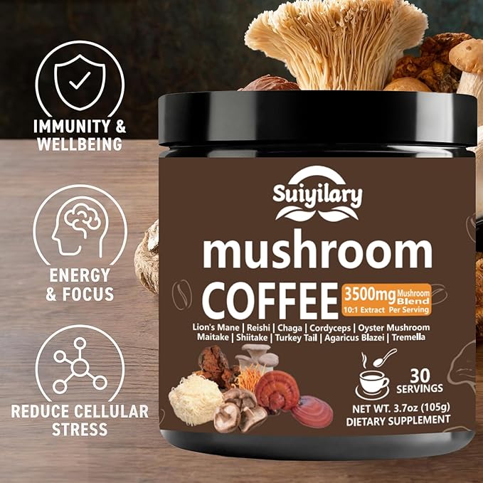 10 Mushroom Coffee with Arabica w, Lion's Mane, Reishi, Mushroom Polysaccharides & More, 3500mg(10:1) Extract Instant Mushrooms Powder for Focus, Immunity Boost, Memory & Clarity - 30 Servings