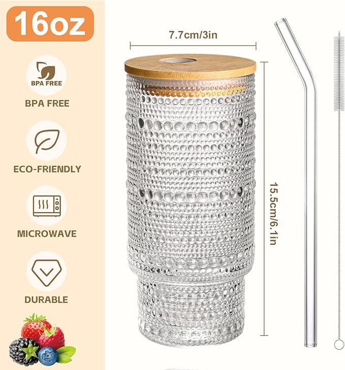 16OZ Glass Tumbler with Straw and Lid,Glass Cups with Lids and Straws,Ribbed Iced Coffee Cups Vintage Embossed Glassware for Juice Whiskey Cocktail Beer(4Pack)