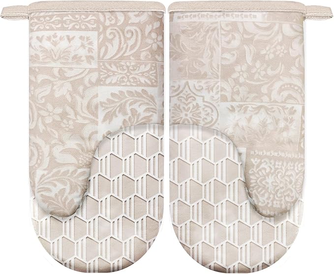 Thumb Oven Mitts, Heat and Slip Resistant Silicone Kitchen Mittens 2-Pack Set, Khaki Patchwork Flower Soft Long Oven Gloves, Flexible Thick Potholders for Safe Baking Cooking and Grill(Khaki)