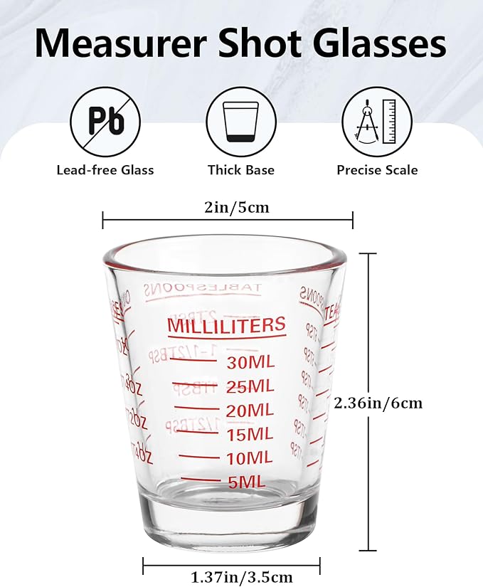 Shot Glasses Measuring Cup Set 6 Pack Espresso Shot Glasses Liquid Heavy Glass 26-Incremental Measurement 1 OZ,2 TBS,6 TSP,30 ML Kitchen Tools(Red)