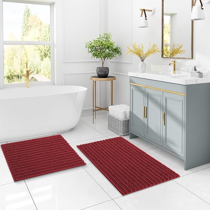Arotive Luxury Chenille Bathroom Rug Mat, Extra Soft Thick Absorbent Shaggy Bath Rugs, Non-Slip Machine Wash Dry, Plush Bath Mats for Bathroom, Shower and Tub, 24x16, Red