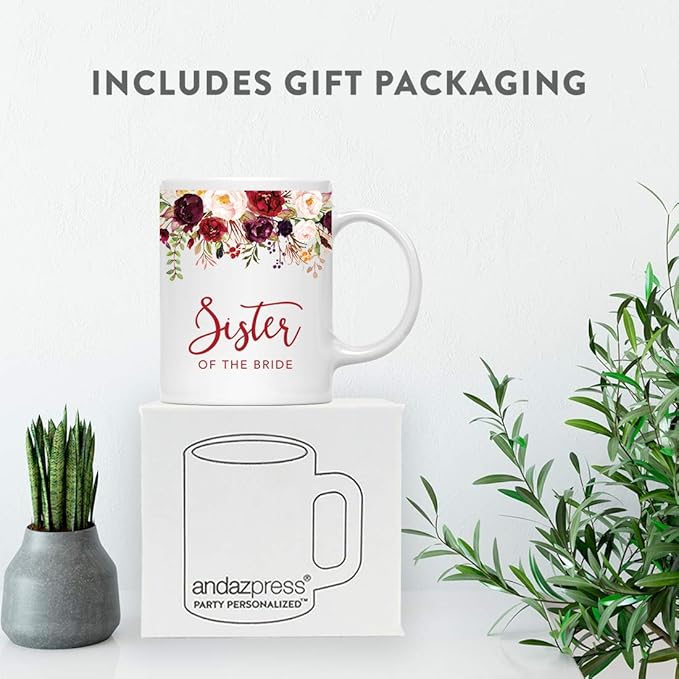 Andaz Press 11oz. Wedding Ceramic Coffee Tea Mug Gift, Fall Autumn Marsala Burgundy Flowers Roses Florals, Sister of the Bride, 1-Pack, Includes Gift Box