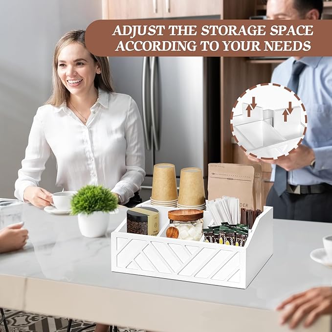 Wood Coffee Station Accessories - Coffee Bar Decor Organizer, Pod Syrup Holder, Condiment Organizer for Countertop (White)