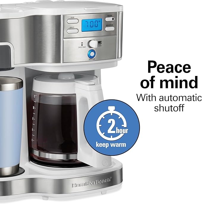 Hamilton Beach 49933 2-Way 12 Cup Programmable Drip Coffee Maker & Single Serve Machine, Glass Carafe, Auto Pause and Pour, White