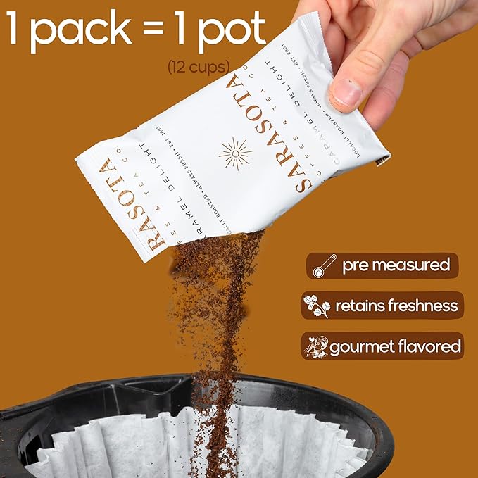 Sarasota Coffee Ground Packets | Gourmet Flavored Medium Roast Bulk Coffee Packs | Salted Caramel | Low Acid Mold Free Singles Individual Pouches for 12 Cup Coffee Maker | 2.5 Ounce Bags, 36 Count