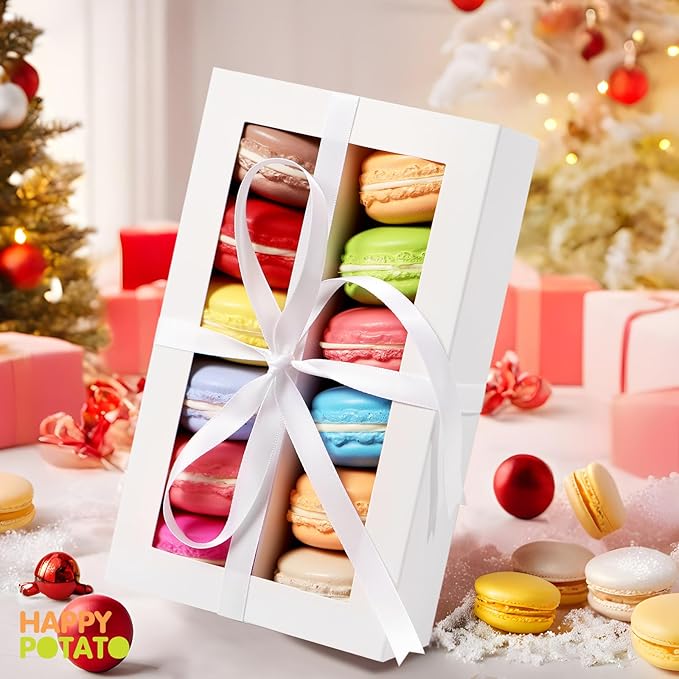 HAPPY POTATO 15 Pack Macaron Boxes with Clear Window and Ribbon, White, 7.2x4x1.9 Inches, Gift-Wrap Boxes for Weddings and Gifting