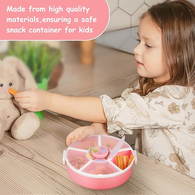 Kids' Rotating Snack Container Set – 2-Pack, Includes 1 Rotating Snack Container & 1 Round Sectioned Snack Box, BPA-Free, Dishwasher Safe, Perfect for Travel-Pink