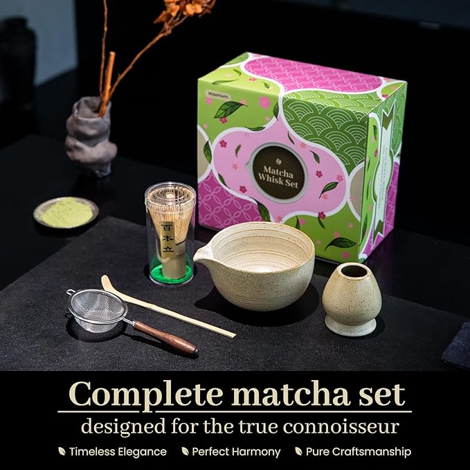 Matcha Set - Match Bowl with Spout and Whisk, 14 OZ, Matcha Scoop, Matcha Whisk and Holder, Matcha Sifter - 5pc Perfect Matcha Kit for Matcha Tea Ceremony (Mottled vintage)