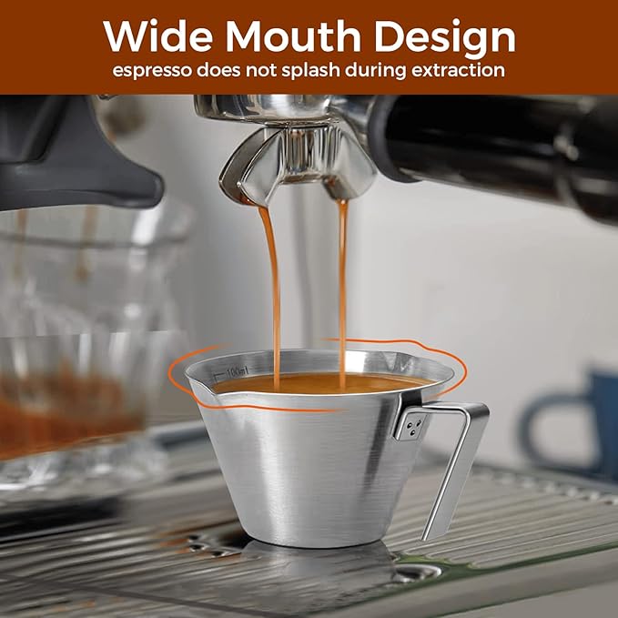 2Pcs Stainless Steel Espresso Cup, Double Spout Metal Espresso Measuring Cup with Handle, 3.4oz/100ml V-Shaped Mouth with Dual Scale (Black+White)