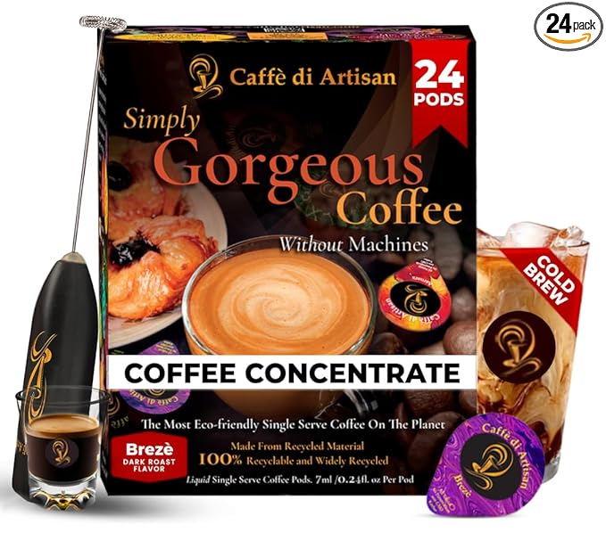 Caffè di Artisan Liquid Coffee Pods – Premium Single-Serve Coffee for Cold Brew Concentrate, Iced Coffee & Hot Coffee – Machine-Free, Eco-Friendly, Ready in Seconds. Rich Brezè Arabica, Dark Roast with Frother – 24 Count