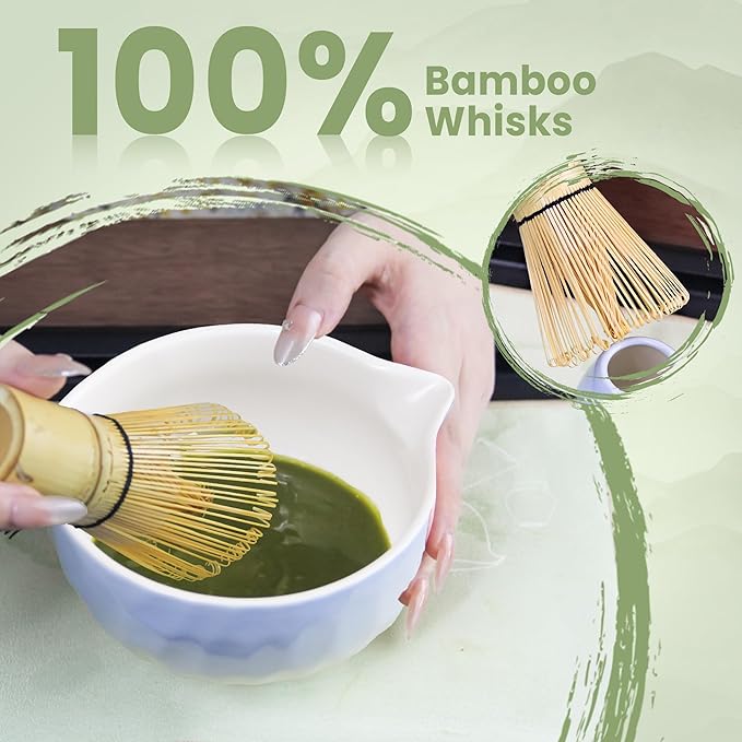 7-Pcs Matcha Whisk Set - Ceramic Matcha Set Includes Bowl,Whisk,Holder,Bamboo Scoop,Scoop Rest,Sifter & Tea Towel – Japanese Traditional Tea Kit for Beginners & Tea Lovers (Gradient Blue)